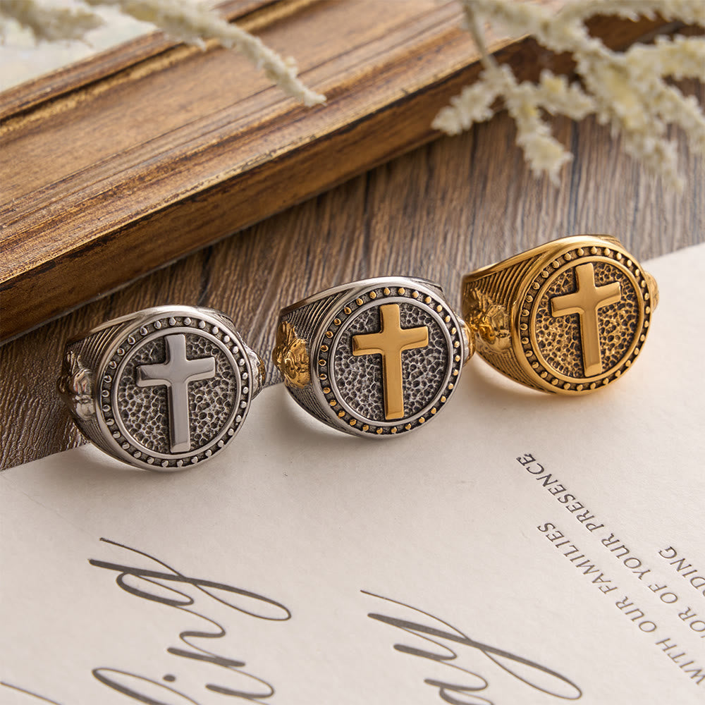 Christianartworkshop Vintage zweifarbiger Kreuz-Siegelring mit Jesus-Profil: Ein Symbol zeitlosen Glaubens und heiligen Schutzes - image 1