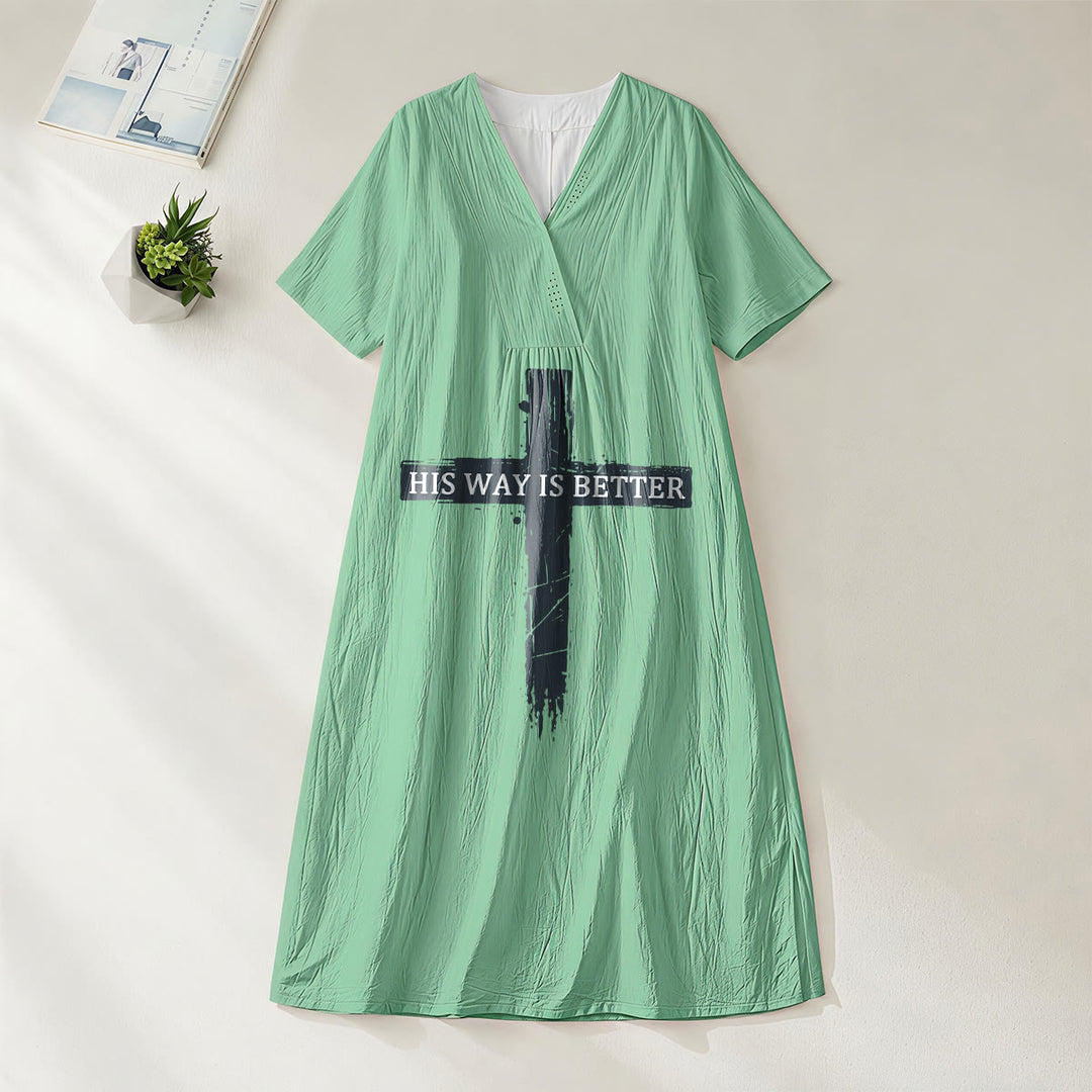 Christianartworkshop „Sein Weg ist besser“ Vintage-Kreuzdruck-Midikleid mit V-Ausschnitt und kurzen Ärmeln - Grün - 4XL - image 0