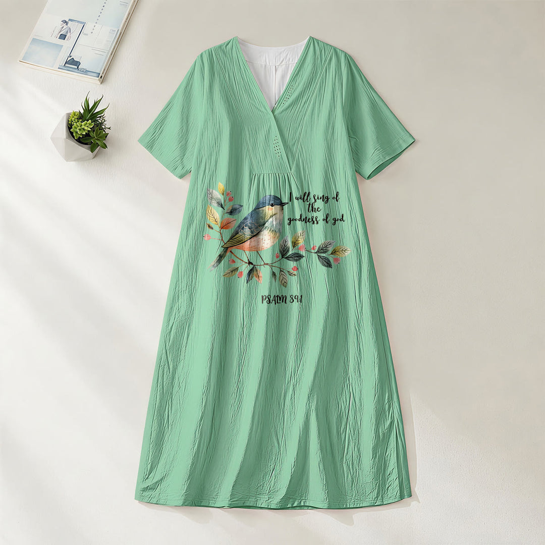 Christianartworkshop „Ich will singen von der Güte Gottes“ Psalm 89:1 Midikleid mit Vogelzweig-Print, V-Ausschnitt und kurzen Ärmeln - Grün - 4XL - image 16
