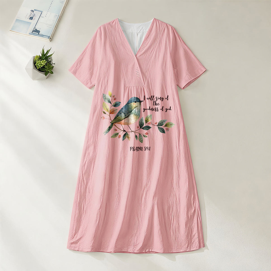 Christianartworkshop „Ich will singen von der Güte Gottes“ Psalm 89:1 Midikleid mit Vogelzweig-Print, V-Ausschnitt und kurzen Ärmeln - Rosa - 4XL - image 12