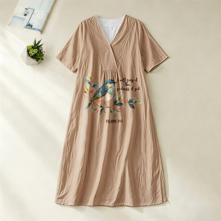 Christianartworkshop „Ich will singen von der Güte Gottes“ Psalm 89:1 Midikleid mit Vogelzweig-Print, V-Ausschnitt und kurzen Ärmeln - Khaki - 4XL - image 20