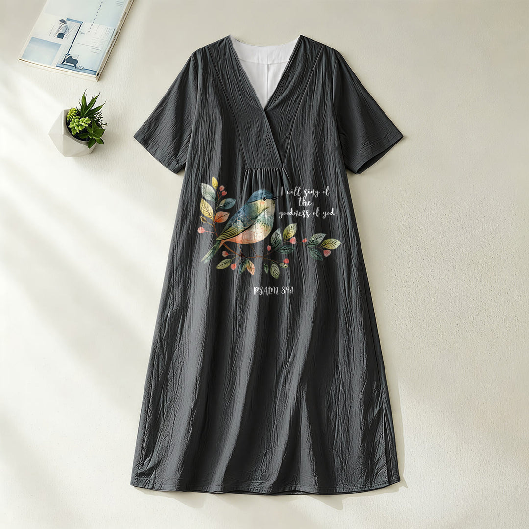 Christianartworkshop „Ich will singen von der Güte Gottes“ Psalm 89:1 Midikleid mit Vogelzweig-Print, V-Ausschnitt und kurzen Ärmeln - Schwarz - 4XL - image 4
