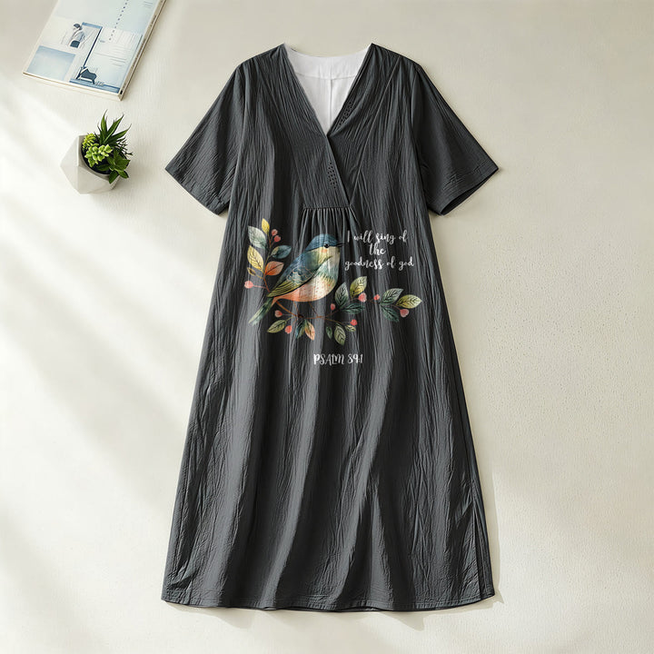 Christianartworkshop „Ich will singen von der Güte Gottes“ Psalm 89:1 Midikleid mit Vogelzweig-Print, V-Ausschnitt und kurzen Ärmeln - Schwarz - 4XL - image 4