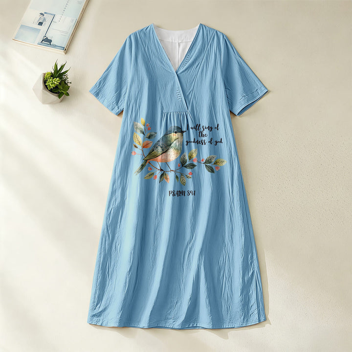 Christianartworkshop „Ich will singen von der Güte Gottes“ Psalm 89:1 Midikleid mit Vogelzweig-Print, V-Ausschnitt und kurzen Ärmeln - Blau - 4XL - image 0