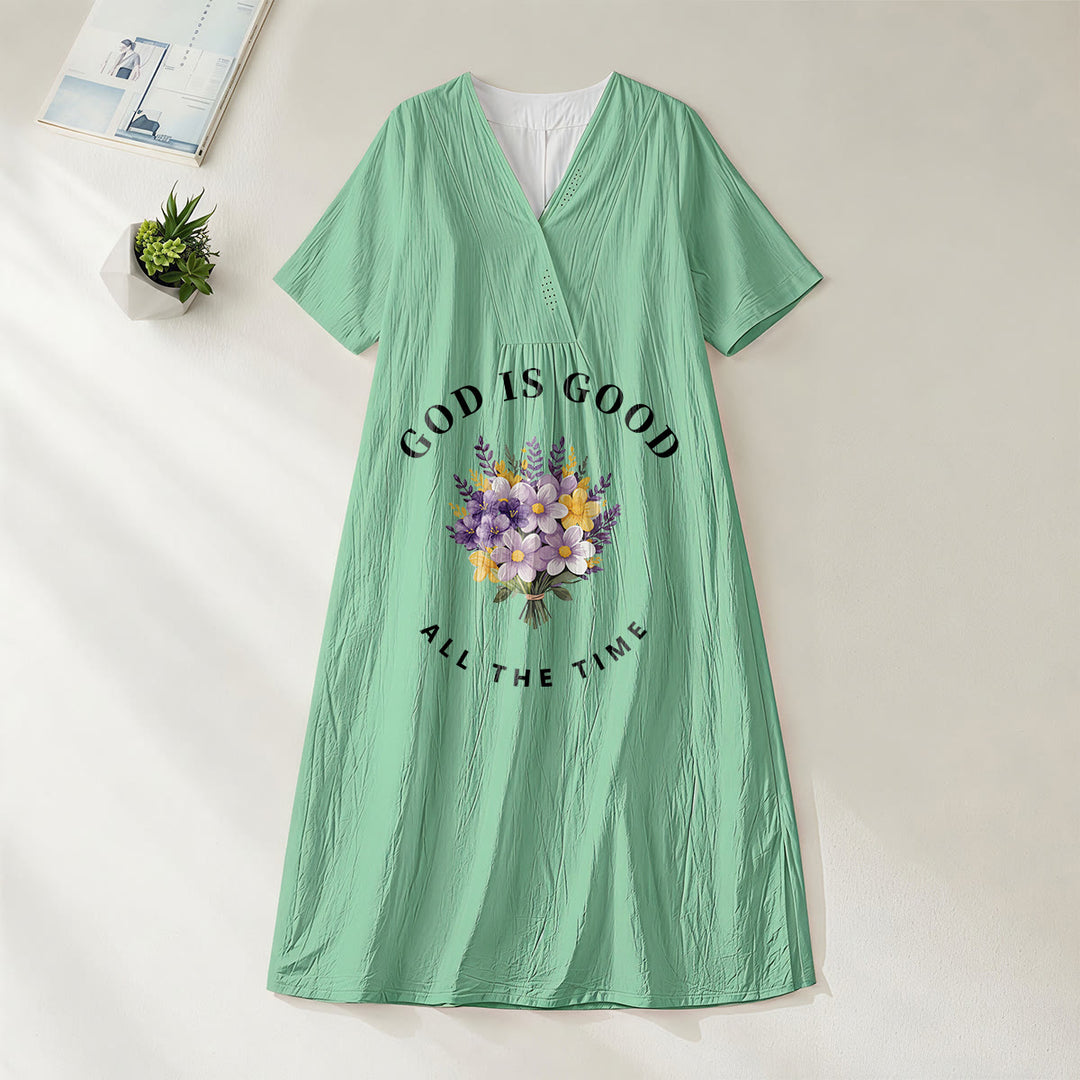 Christianartworkshop „Gott ist immer gut“ Midikleid mit Blumenstrauß-Print, V-Ausschnitt und kurzen Ärmeln - Grün - 4XL - image 16