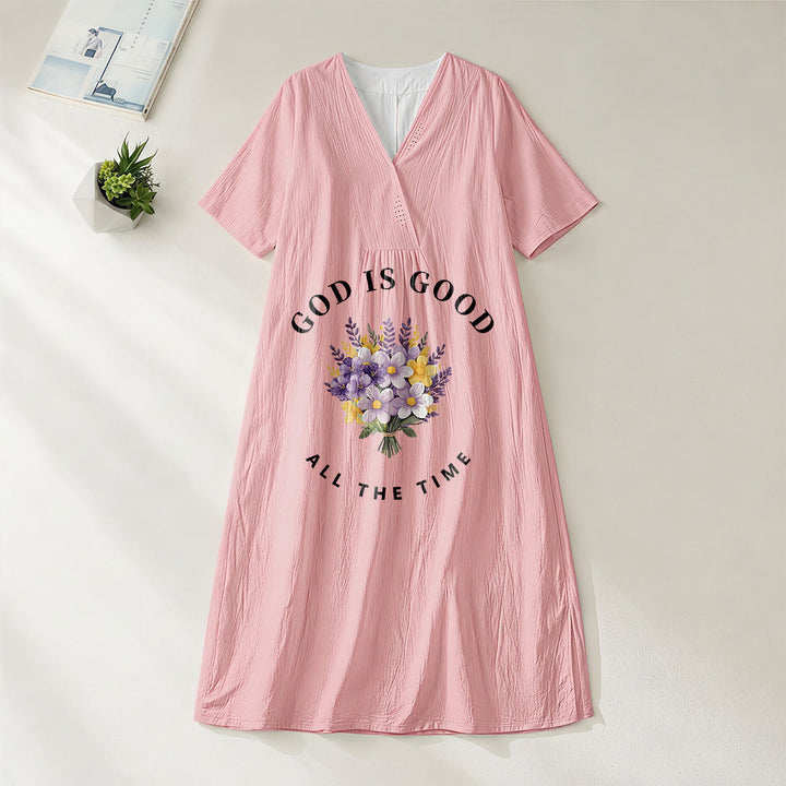 Christianartworkshop „Gott ist immer gut“ Midikleid mit Blumenstrauß-Print, V-Ausschnitt und kurzen Ärmeln - Rosa - 4XL - image 0