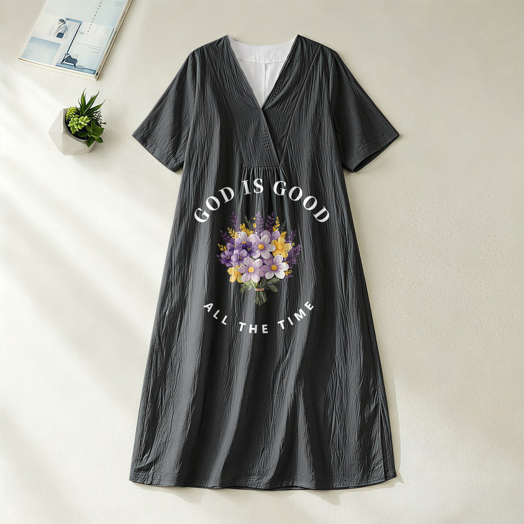 Christianartworkshop „Gott ist immer gut“ Midikleid mit Blumenstrauß-Print, V-Ausschnitt und kurzen Ärmeln - Schwarz - 4XL - image 8