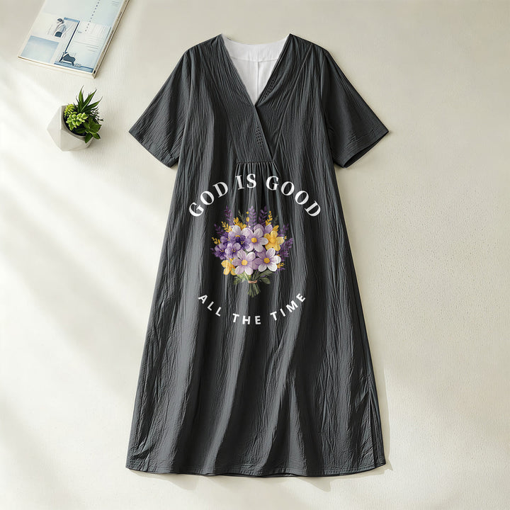 Christianartworkshop „Gott ist immer gut“ Midikleid mit Blumenstrauß-Print, V-Ausschnitt und kurzen Ärmeln - Schwarz - 4XL - image 8