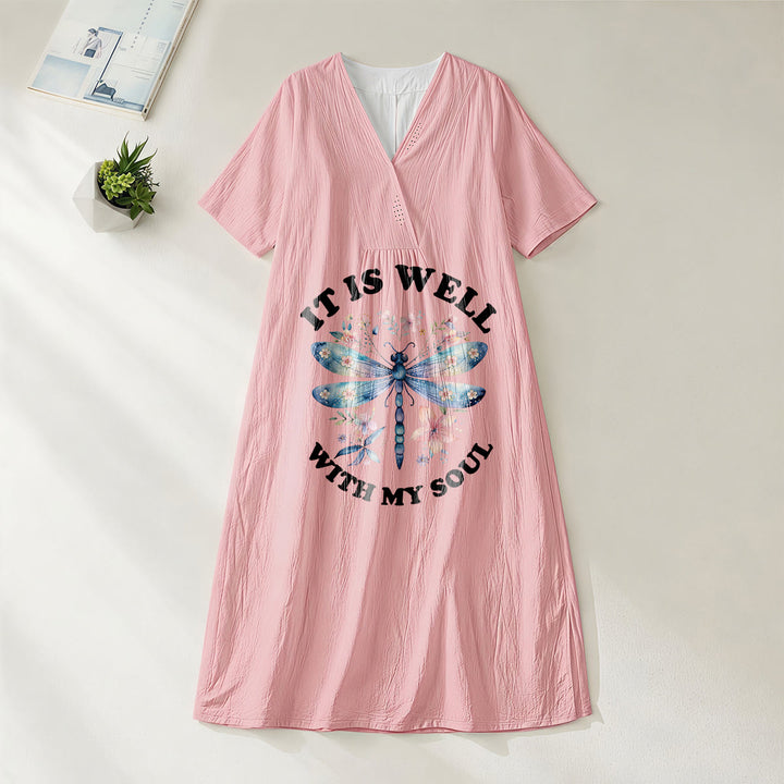 Christianartworkshop „It Is Well With My Soul“ Aquarell-Libellen-Blumen-Midikleid mit V-Ausschnitt und kurzen Ärmeln - Rosa - 4XL - image 8