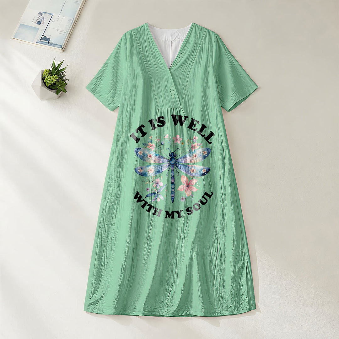 Christianartworkshop „It Is Well With My Soul“ Aquarell-Libellen-Blumen-Midikleid mit V-Ausschnitt und kurzen Ärmeln - Grün - 4XL - image 20