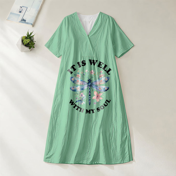 Christianartworkshop „It Is Well With My Soul“ Aquarell-Libellen-Blumen-Midikleid mit V-Ausschnitt und kurzen Ärmeln - Grün - 4XL - image 20