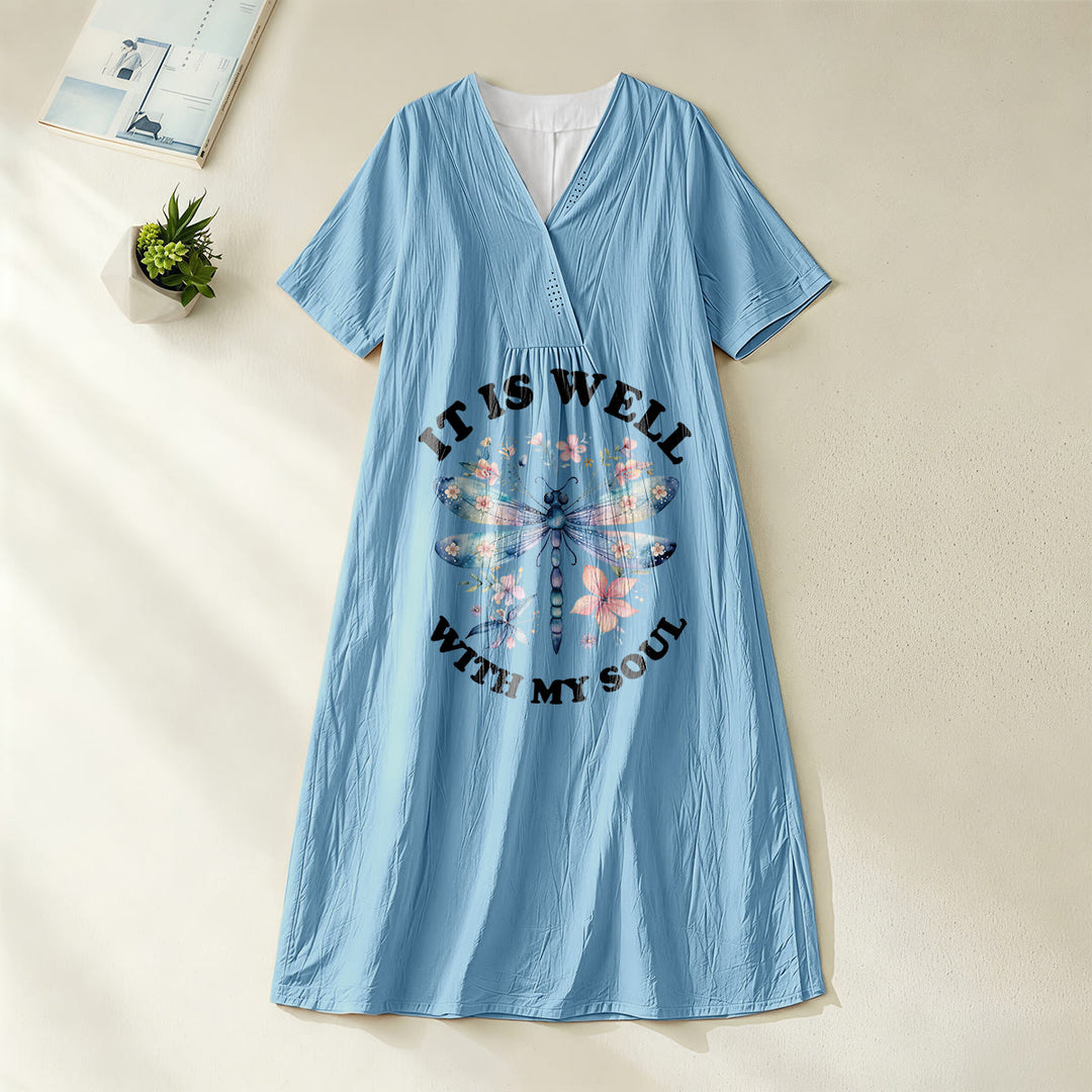 Christianartworkshop „It Is Well With My Soul“ Aquarell-Libellen-Blumen-Midikleid mit V-Ausschnitt und kurzen Ärmeln - Blau - 4XL - image 12