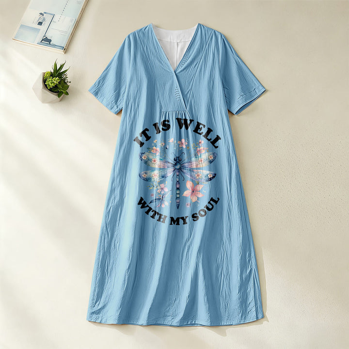 Christianartworkshop „It Is Well With My Soul“ Aquarell-Libellen-Blumen-Midikleid mit V-Ausschnitt und kurzen Ärmeln - Blau - 4XL - image 12