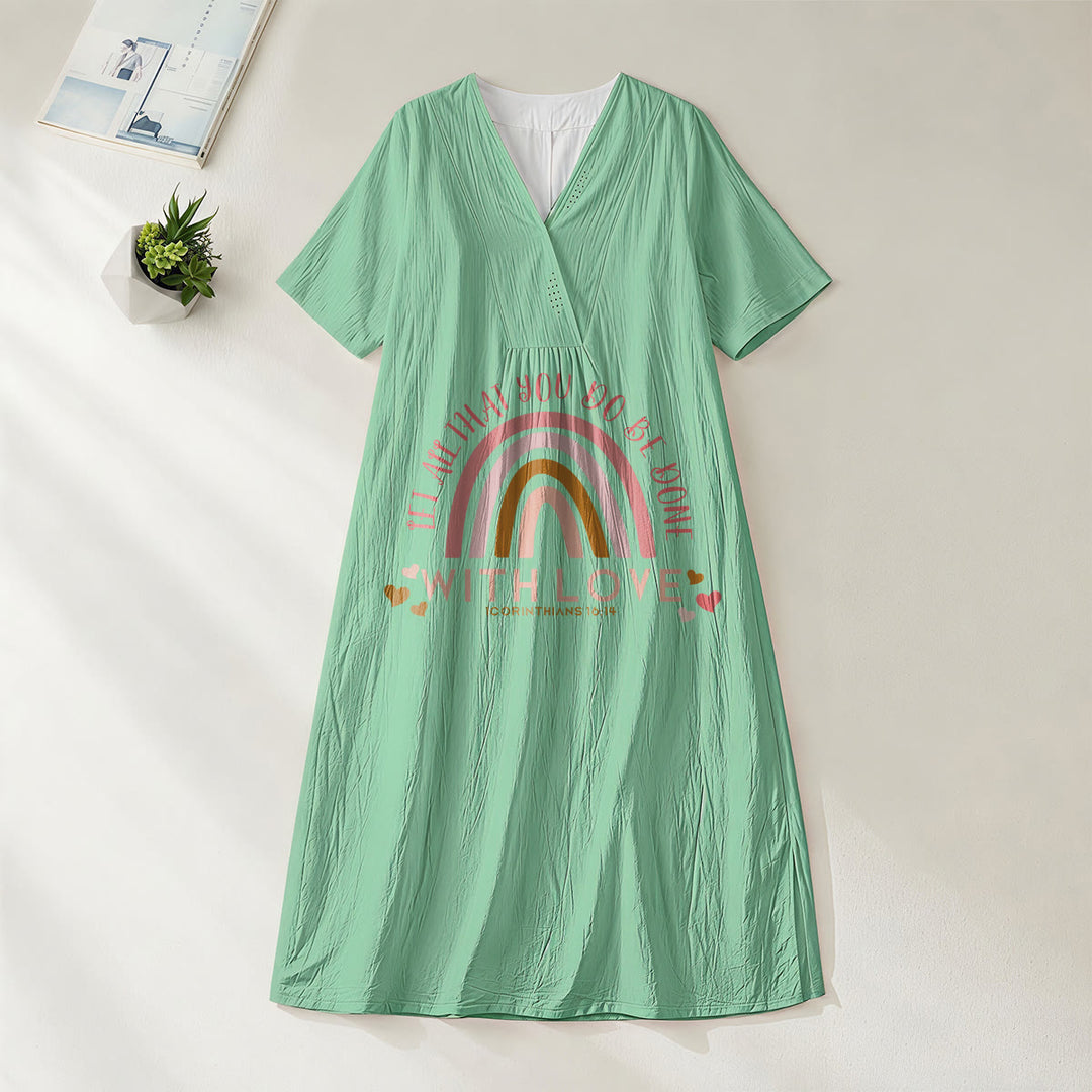 Christianartworkshop Einfarbiges Kleid mit Liebesbotschaft, Regenbogenherz und Slogan, V-Ausschnitt, lässiges Midikleid - Grün - 4XL - image 0