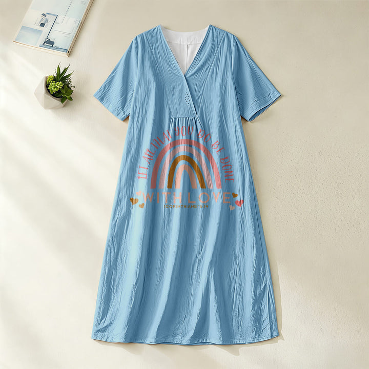 Christianartworkshop Einfarbiges Kleid mit Liebesbotschaft, Regenbogenherz und Slogan, V-Ausschnitt, lässiges Midikleid - Blau - 4XL - image 4