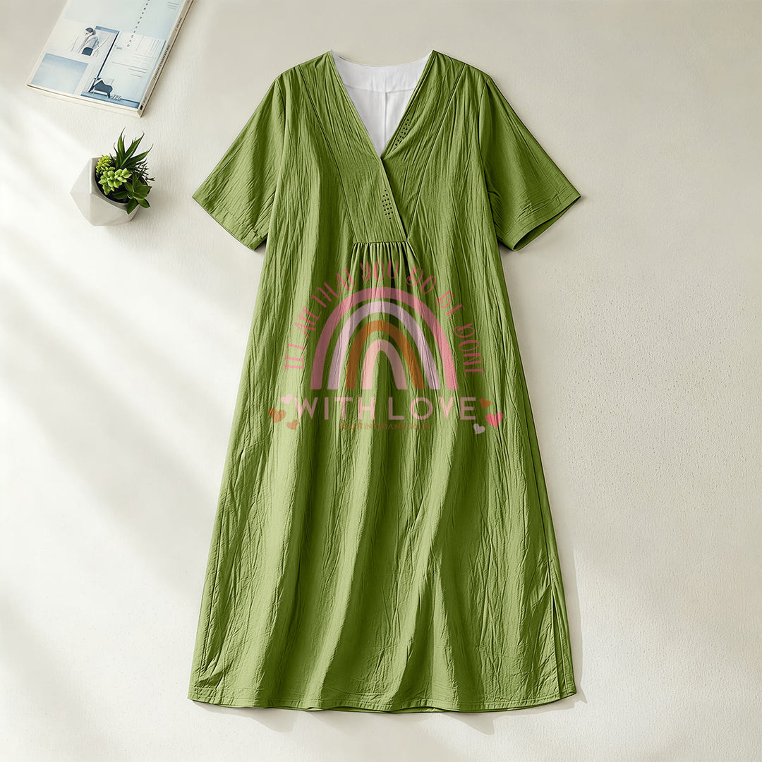 Christianartworkshop Einfarbiges Kleid mit Liebesbotschaft, Regenbogenherz und Slogan, V-Ausschnitt, lässiges Midikleid - Olivgrün - 4XL - image 8