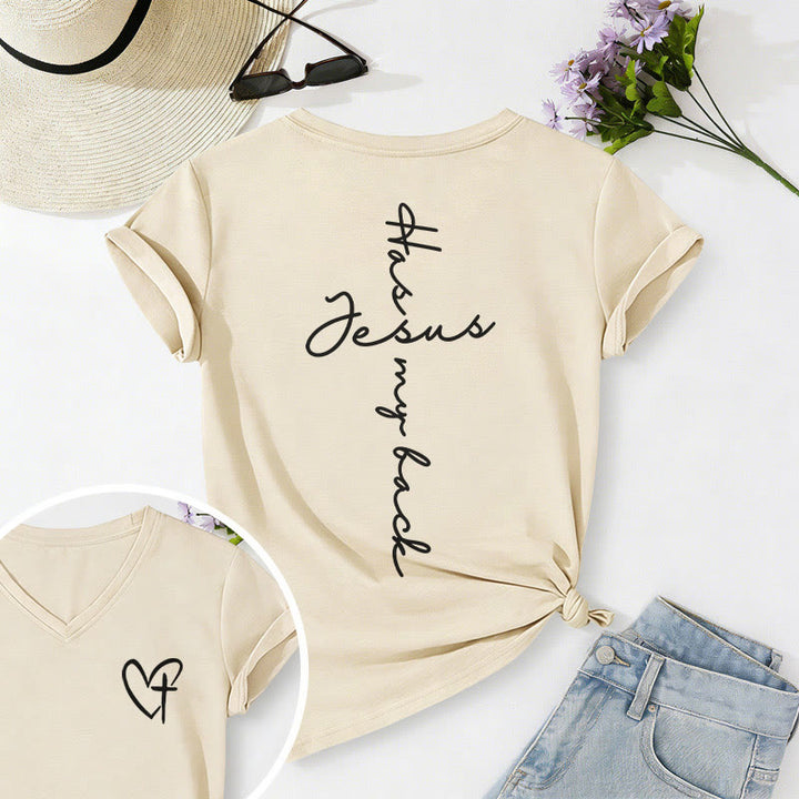 Christianartworkshop Lässiges T-Shirt mit V-Ausschnitt und Aufdruck „Jesus Has My Back“ vorne und hinten - Beige - 2XL - image 12