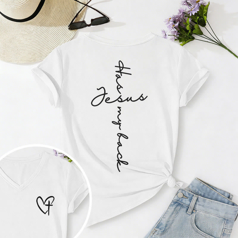 Christianartworkshop Lässiges T-Shirt mit V-Ausschnitt und Aufdruck „Jesus Has My Back“ vorne und hinten - Weiß - 2XL - image 30