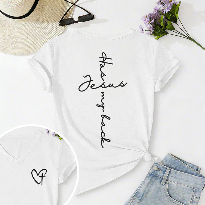 Christianartworkshop Lässiges T-Shirt mit V-Ausschnitt und Aufdruck „Jesus Has My Back“ vorne und hinten - Weiß - 2XL - image 30