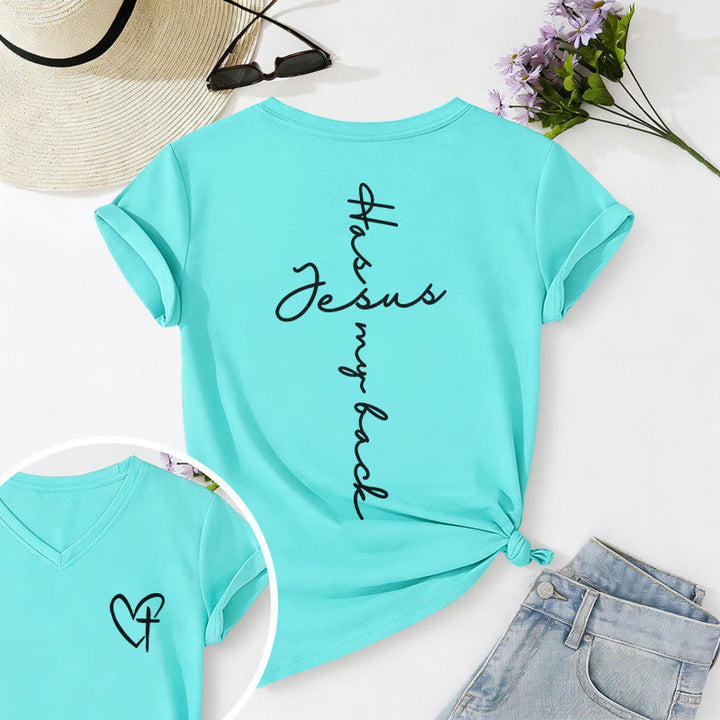 Christianartworkshop Lässiges T-Shirt mit V-Ausschnitt und Aufdruck „Jesus Has My Back“ vorne und hinten - Himmelblau - 2XL - image 36