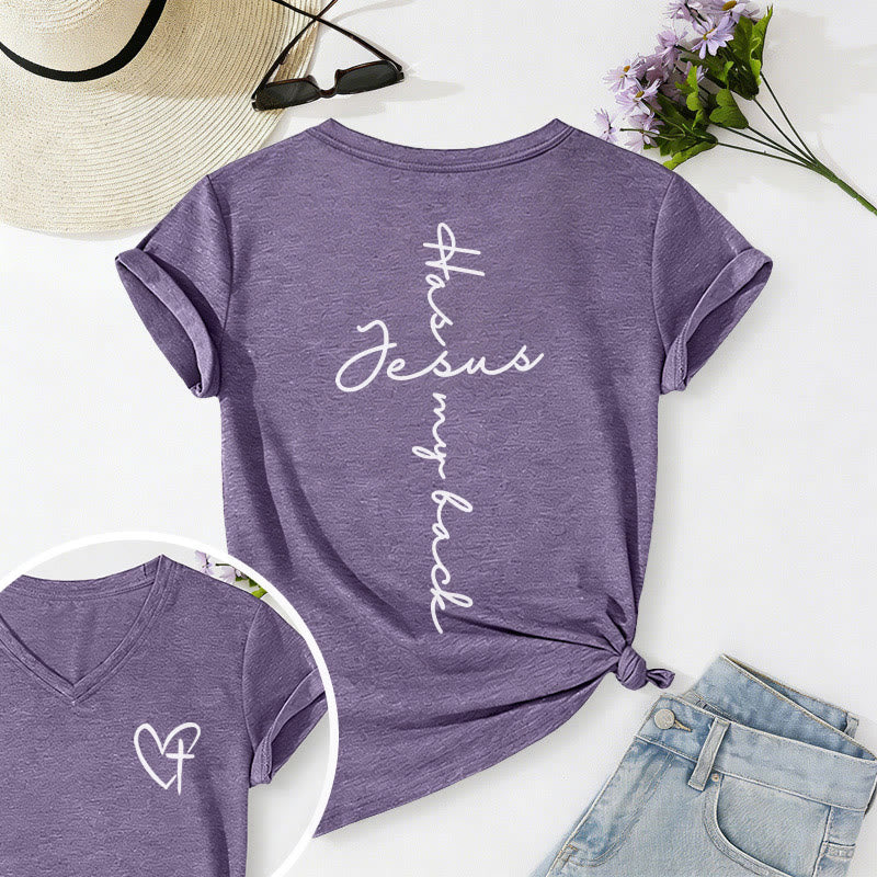 Christianartworkshop Lässiges T-Shirt mit V-Ausschnitt und Aufdruck „Jesus Has My Back“ vorne und hinten - Lila - 2XL - image 54