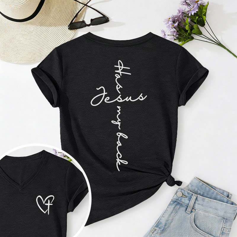 Christianartworkshop Lässiges T-Shirt mit V-Ausschnitt und Aufdruck „Jesus Has My Back“ vorne und hinten - Schwarz - 2XL - image 6