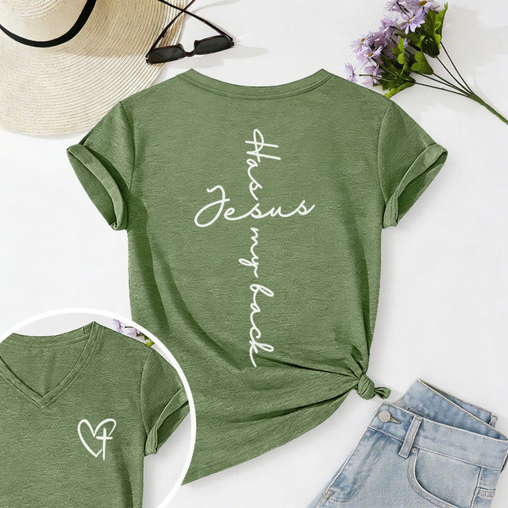 Christianartworkshop Lässiges T-Shirt mit V-Ausschnitt und Aufdruck „Jesus Has My Back“ vorne und hinten - Olivgrün - 2XL - image 24