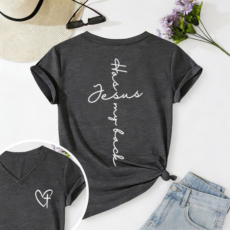 Christianartworkshop Lässiges T-Shirt mit V-Ausschnitt und Aufdruck „Jesus Has My Back“ vorne und hinten - Dunkelgrau - 2XL - image 0
