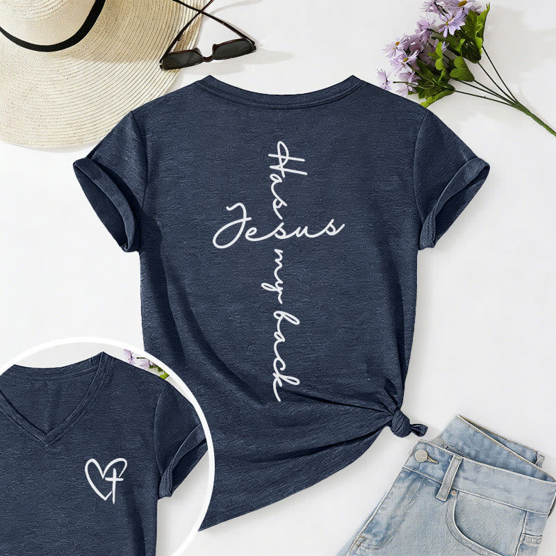 Christianartworkshop Lässiges T-Shirt mit V-Ausschnitt und Aufdruck „Jesus Has My Back“ vorne und hinten - Marineblau - 2XL - image 60