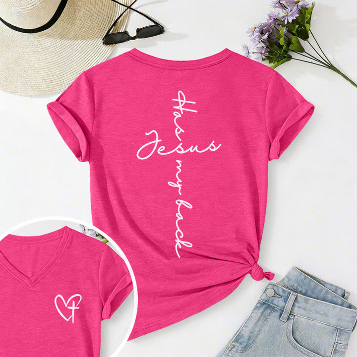 Christianartworkshop Lässiges T-Shirt mit V-Ausschnitt und Aufdruck „Jesus Has My Back“ vorne und hinten - Rose - 2XL - image 72