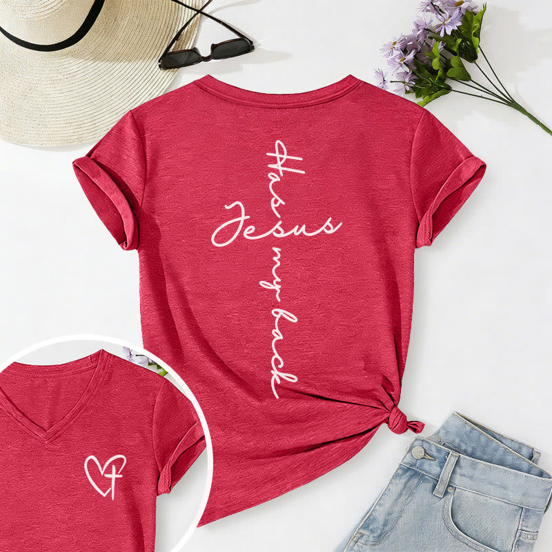 Christianartworkshop Lässiges T-Shirt mit V-Ausschnitt und Aufdruck „Jesus Has My Back“ vorne und hinten - Rot - 2XL - image 66