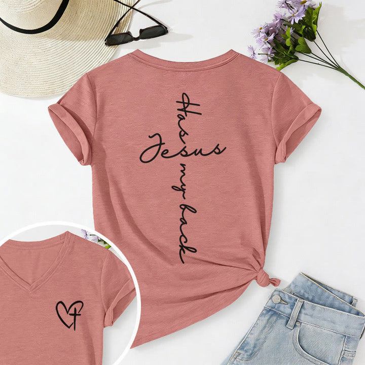 Christianartworkshop Lässiges T-Shirt mit V-Ausschnitt und Aufdruck „Jesus Has My Back“ vorne und hinten - Hellrosa - 2XL - image 42