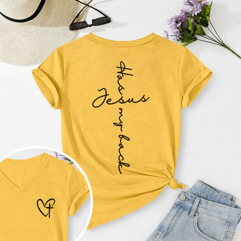 Christianartworkshop Lässiges T-Shirt mit V-Ausschnitt und Aufdruck „Jesus Has My Back“ vorne und hinten - Gelb - 2XL - image 18