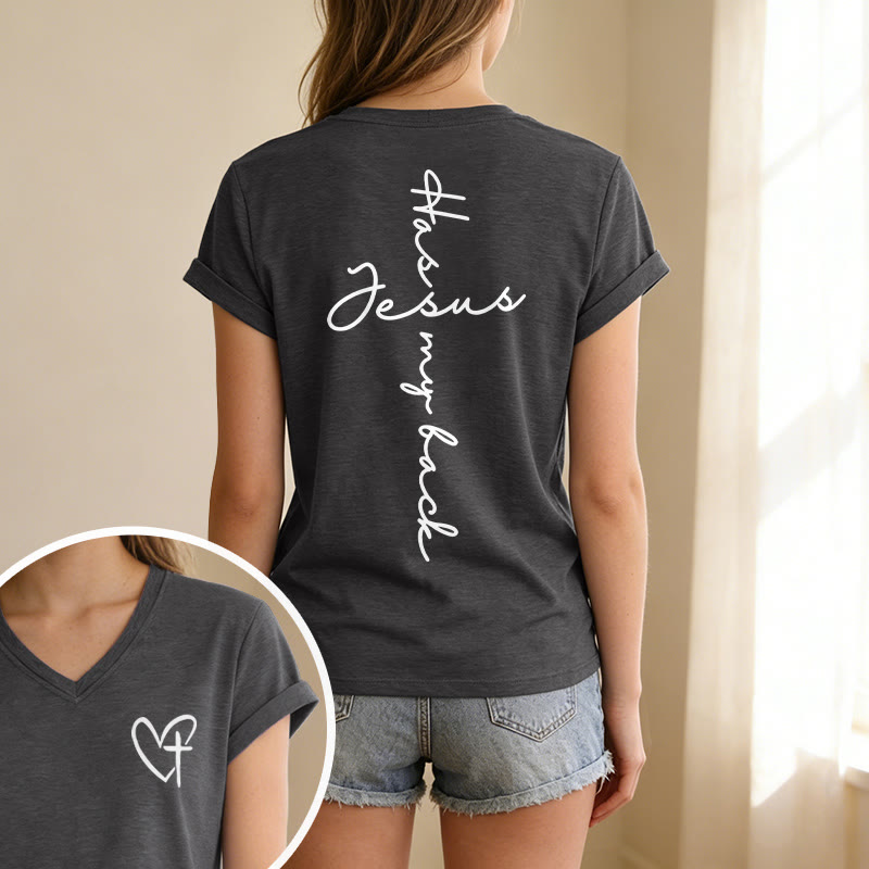 Christianartworkshop Lässiges T-Shirt mit V-Ausschnitt und Aufdruck „Jesus Has My Back“ vorne und hinten - image 1