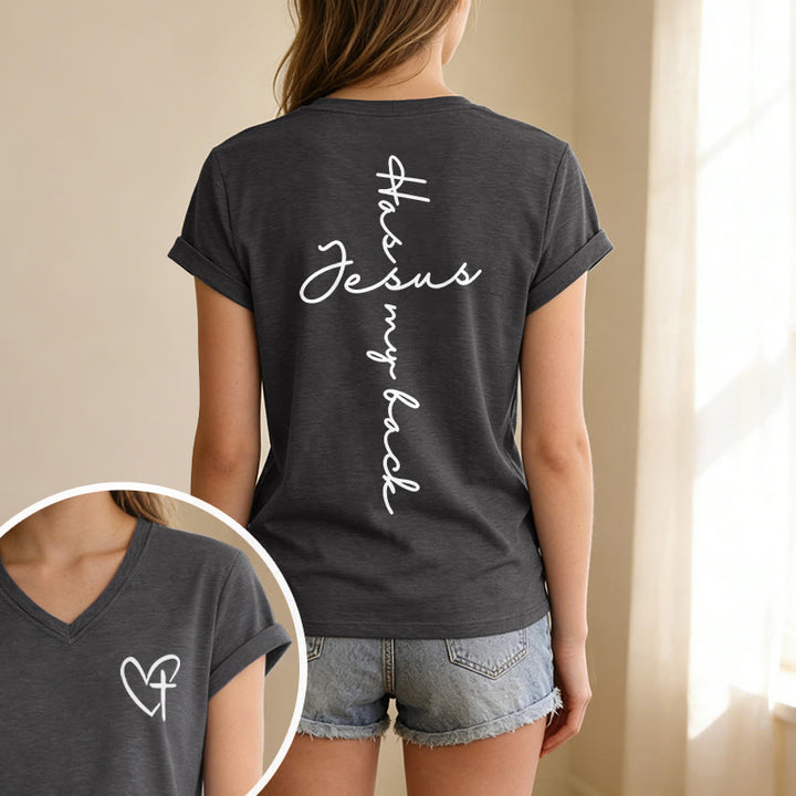 Christianartworkshop Lässiges T-Shirt mit V-Ausschnitt und Aufdruck „Jesus Has My Back“ vorne und hinten - image 1