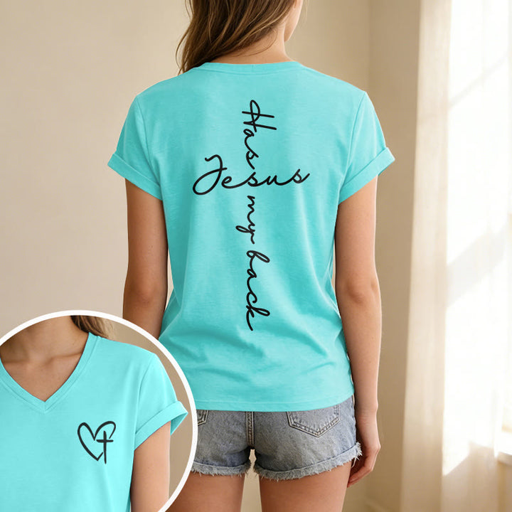 Christianartworkshop Lässiges T-Shirt mit V-Ausschnitt und Aufdruck „Jesus Has My Back“ vorne und hinten - image 37