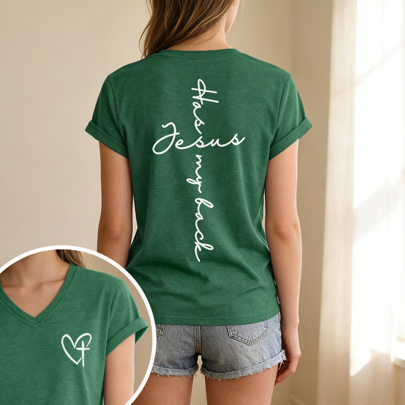 Christianartworkshop Lässiges T-Shirt mit V-Ausschnitt und Aufdruck „Jesus Has My Back“ vorne und hinten - image 49