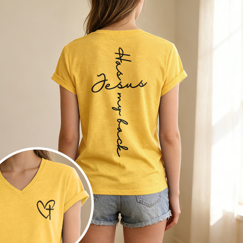Christianartworkshop Lässiges T-Shirt mit V-Ausschnitt und Aufdruck „Jesus Has My Back“ vorne und hinten - image 19