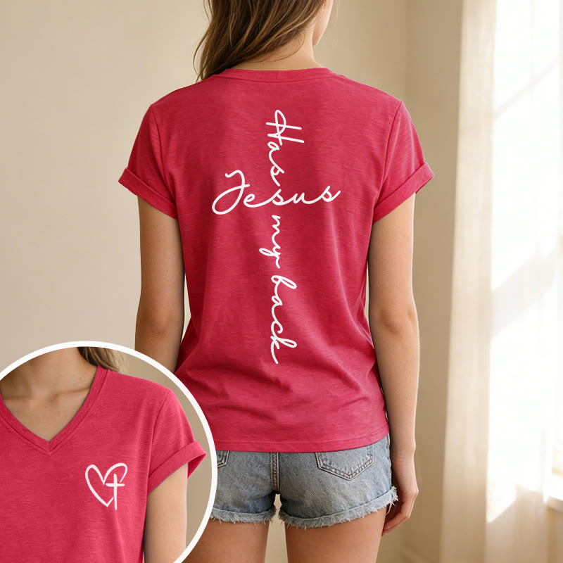 Christianartworkshop Lässiges T-Shirt mit V-Ausschnitt und Aufdruck „Jesus Has My Back“ vorne und hinten - image 67