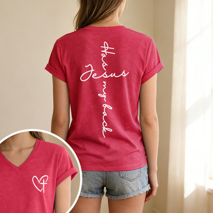 Christianartworkshop Lässiges T-Shirt mit V-Ausschnitt und Aufdruck „Jesus Has My Back“ vorne und hinten - image 67