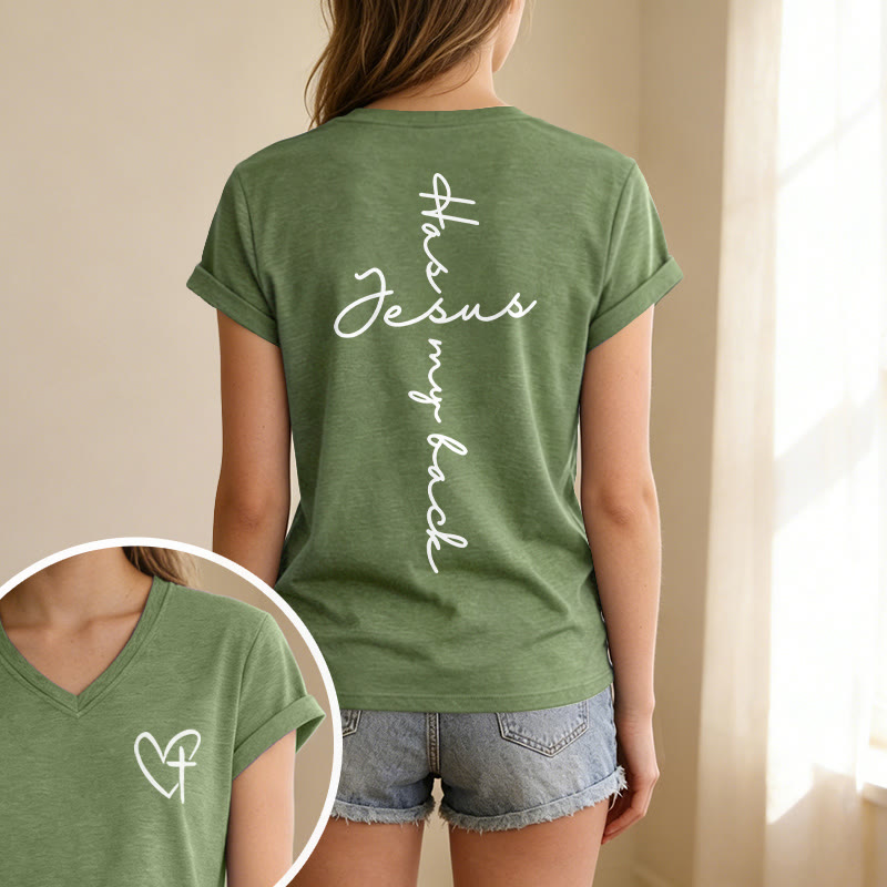 Christianartworkshop Lässiges T-Shirt mit V-Ausschnitt und Aufdruck „Jesus Has My Back“ vorne und hinten - image 25