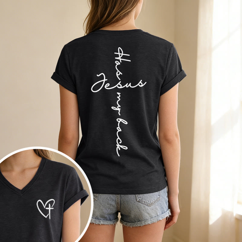 Christianartworkshop Lässiges T-Shirt mit V-Ausschnitt und Aufdruck „Jesus Has My Back“ vorne und hinten - image 7