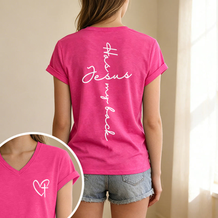 Christianartworkshop Lässiges T-Shirt mit V-Ausschnitt und Aufdruck „Jesus Has My Back“ vorne und hinten - image 73