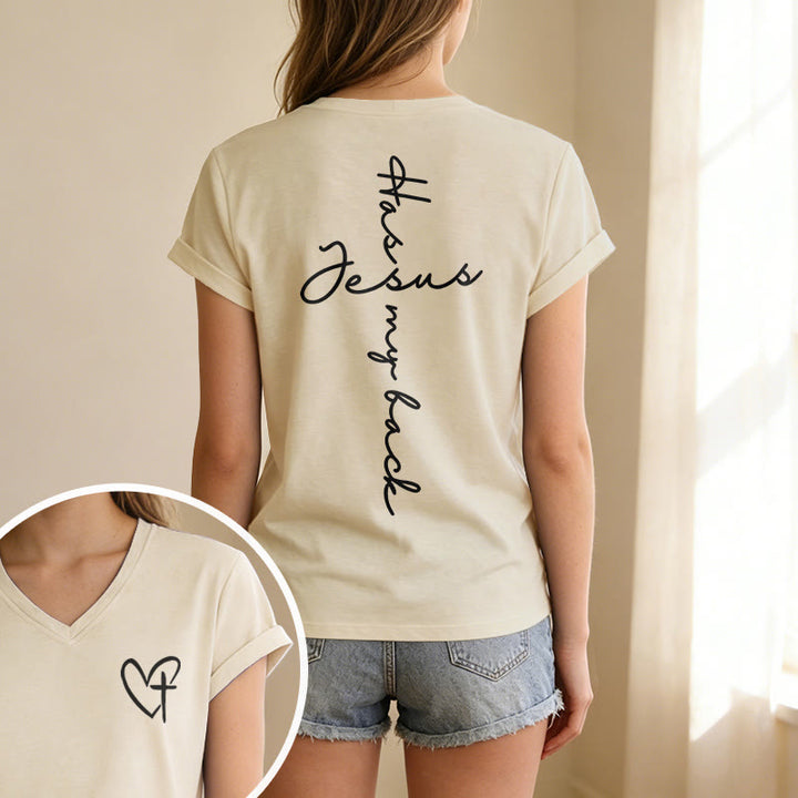 Christianartworkshop Lässiges T-Shirt mit V-Ausschnitt und Aufdruck „Jesus Has My Back“ vorne und hinten - image 13