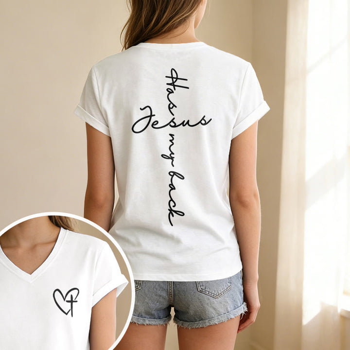 Christianartworkshop Lässiges T-Shirt mit V-Ausschnitt und Aufdruck „Jesus Has My Back“ vorne und hinten - image 31