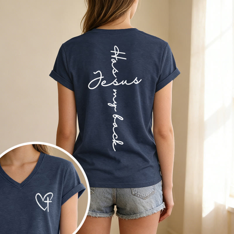 Christianartworkshop Lässiges T-Shirt mit V-Ausschnitt und Aufdruck „Jesus Has My Back“ vorne und hinten - image 61