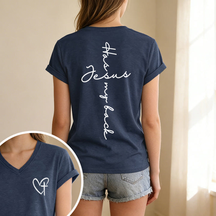 Christianartworkshop Lässiges T-Shirt mit V-Ausschnitt und Aufdruck „Jesus Has My Back“ vorne und hinten - image 61