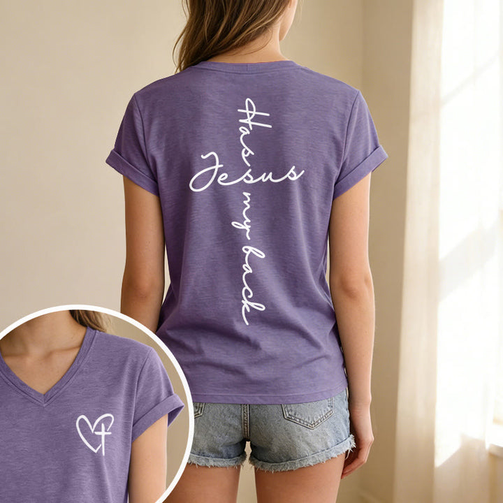 Christianartworkshop Lässiges T-Shirt mit V-Ausschnitt und Aufdruck „Jesus Has My Back“ vorne und hinten - image 55