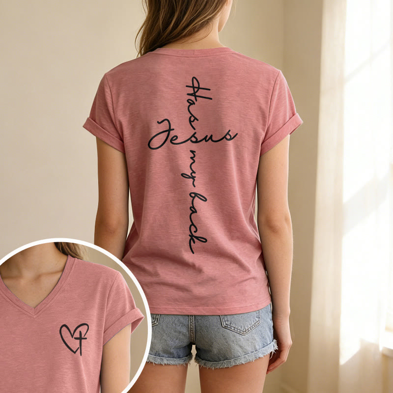 Christianartworkshop Lässiges T-Shirt mit V-Ausschnitt und Aufdruck „Jesus Has My Back“ vorne und hinten - image 43