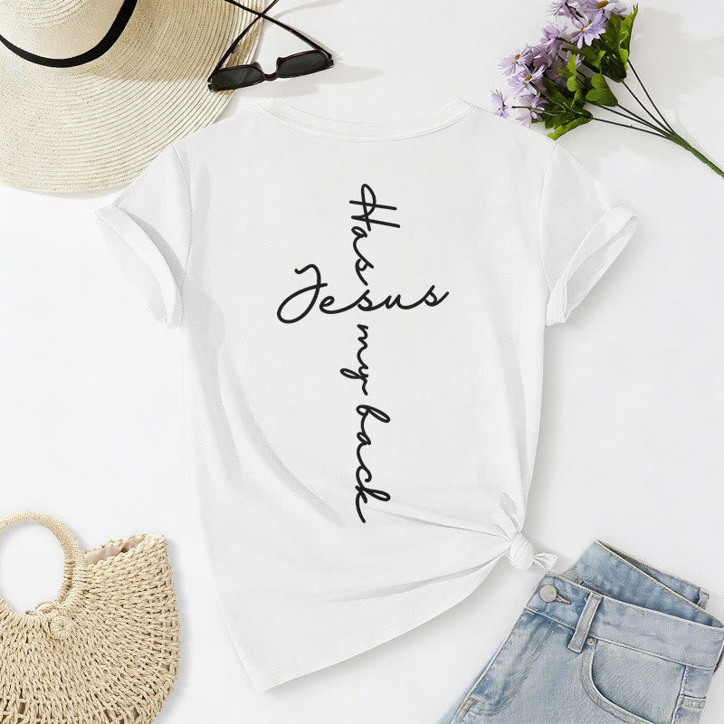 Christianartworkshop Lässiges T-Shirt mit V-Ausschnitt und Aufdruck „Jesus Has My Back“ vorne und hinten - image 34
